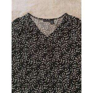 Tahari Blouse Sz 1X Black Floral Keyhole Front 3/4 Sleeve Stretch Career Casual